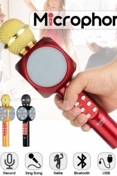 Караоке МИКРОФОН+колона, безжичен с блутут,LED светлини и USB Флашка
